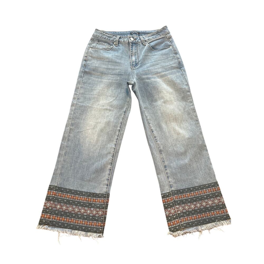 Flamingals Embroidered Cropped Jeans – Boho Wide Leg – Size S